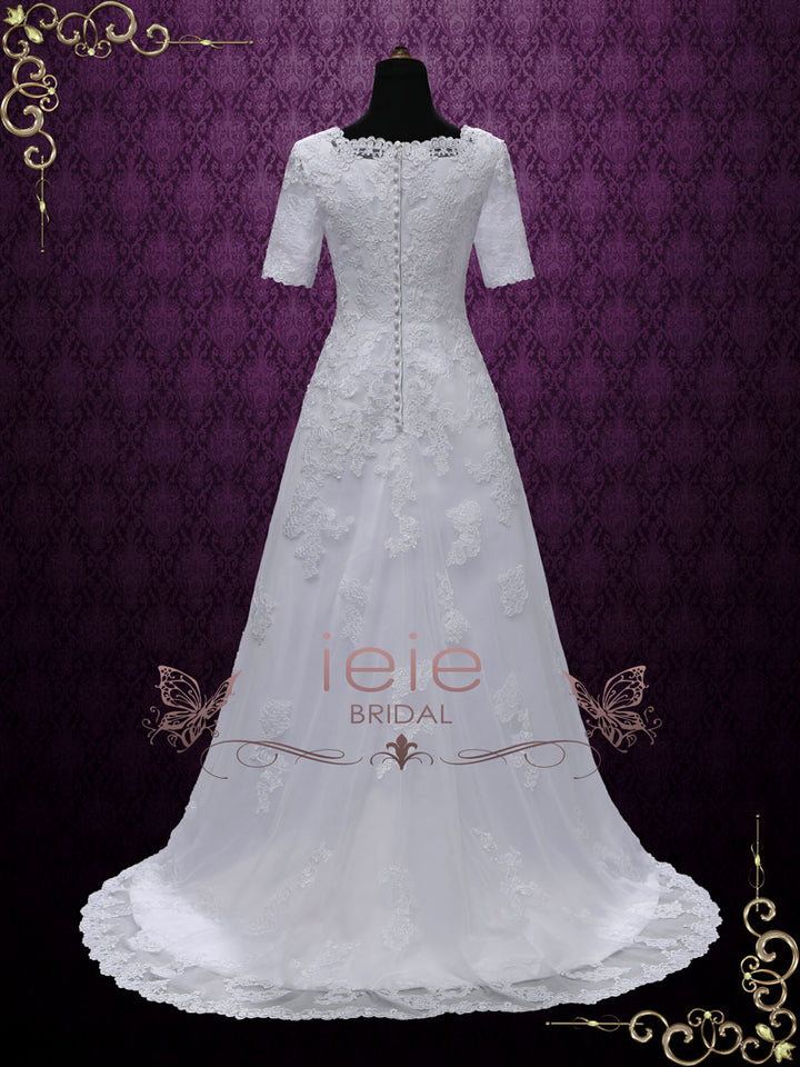Modest Lace Wedding Dress with Short Sleeves BRISEIDA Made to Measure / White Modest Lace Wedding Dress with Short Sleeves BRISEIDA Made to Measure / White