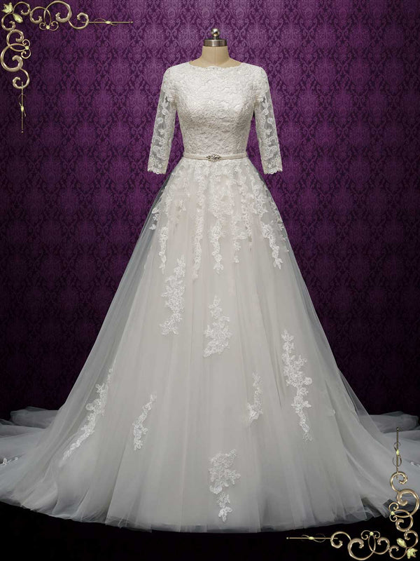 Modest Lace Wedding Dress with Half Sleeves AMABEL