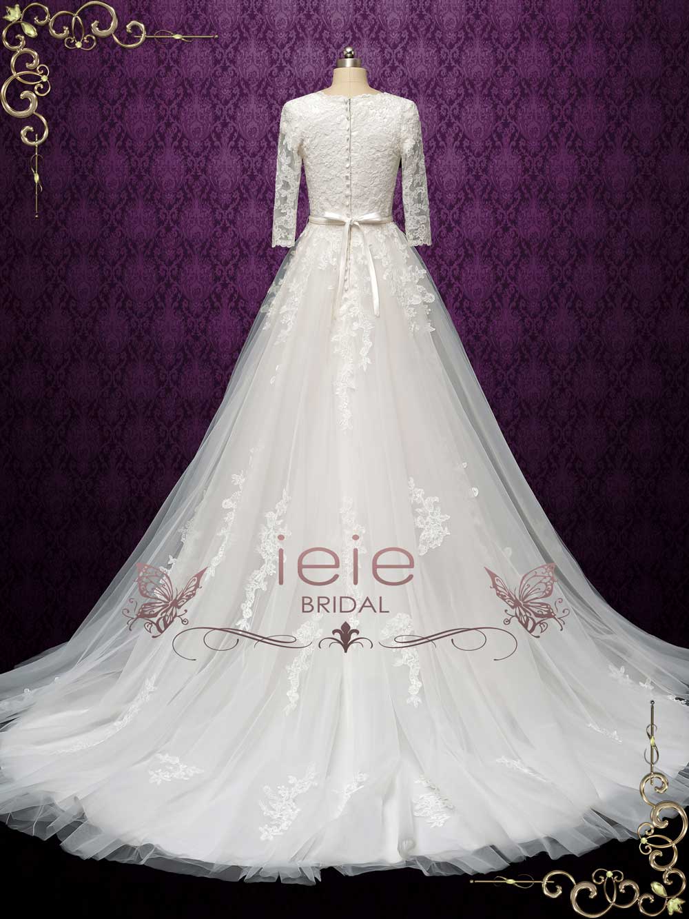 Modest Lace Wedding Dress with Quarter Sleeves AMABEL