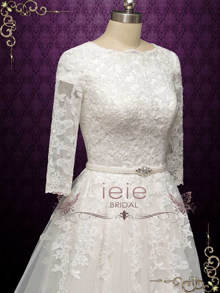 Modest Lace Wedding Dress with Half Sleeves AMABEL