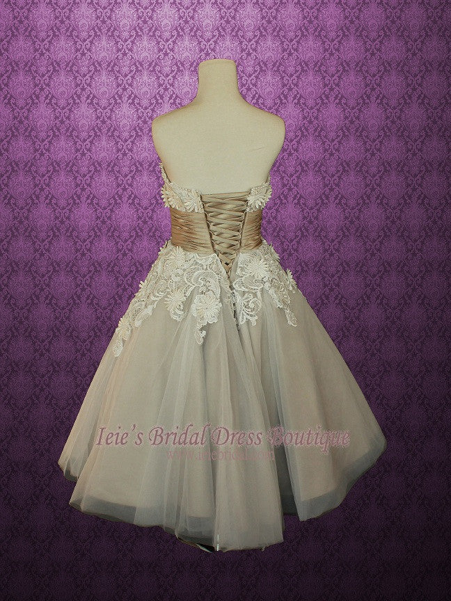 Retro Vintage 50s Mocha Sweetheart Short Tea Length Wedding Dress with Daisy Flower Applique | Shaunte