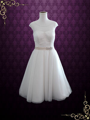 Vintage Inspired Tea Length Illusion Neck Tull Wedding Dress