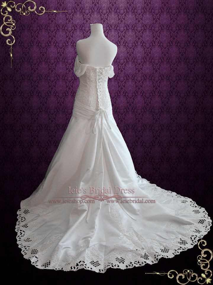 Dropped Waist Satin Lace Wedding Dress with Off Shoulder Straps CARRIE ieie Dropped Waist Satin Lace Wedding Dress with Off Shoulder Straps CARRIE ieie