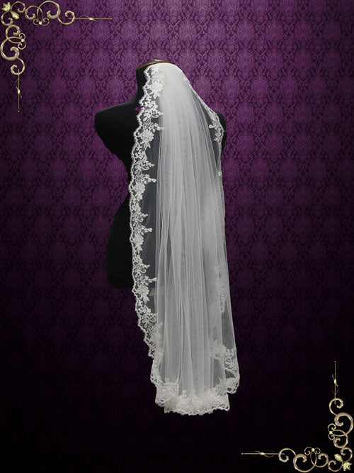 One Layer Fingertip Wedding Veil with Lace Edges VG2012