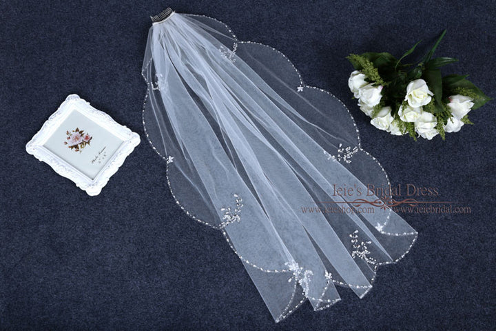 Short Singer Tier Fingertip Wedding Veil with Jeweled Edge VG1076