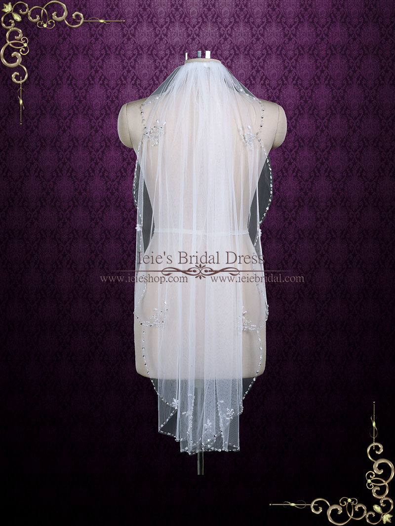 Short Singer Tier Fingertip Wedding Veil with Jeweled Edge VG1076