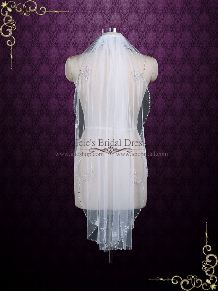Short Singer Tier Fingertip Wedding Veil with Jeweled Edge VG1076