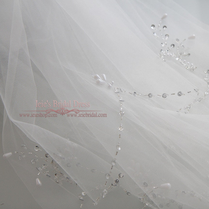 Short Singer Tier Fingertip Wedding Veil with Jeweled Edge VG1076
