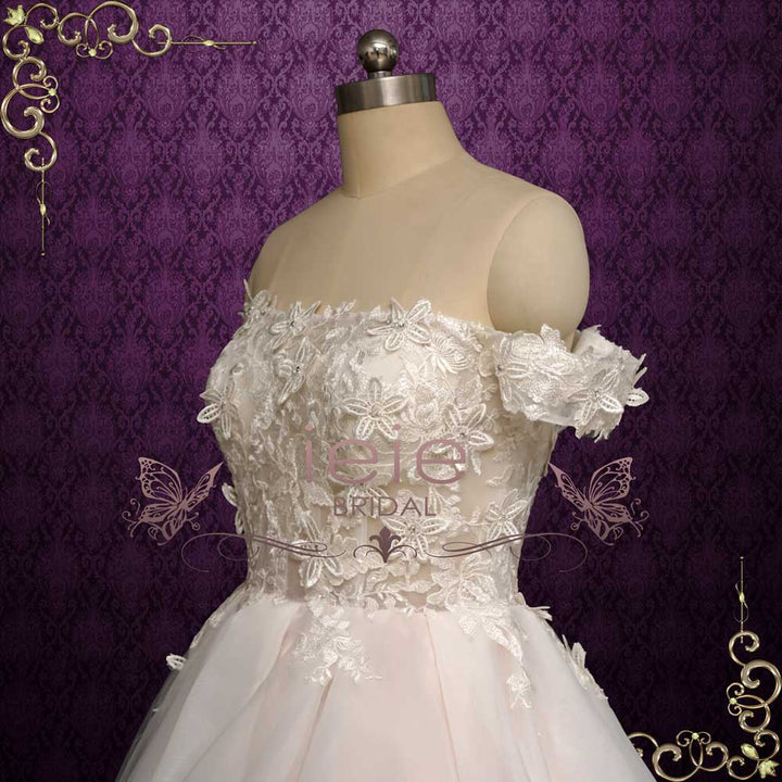 Short Lace Wedding Dress with 3D Lace Flowers and big Bow WILLA Size 20W / Pink Short Lace Wedding Dress with 3D Lace Flowers and big Bow WILLA Size 20W / Pink