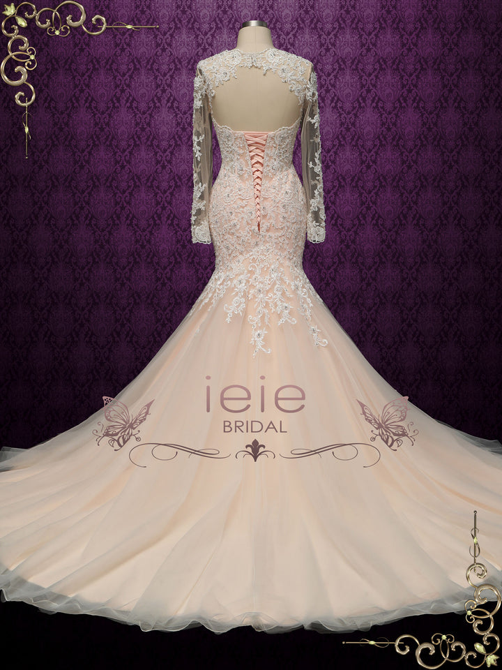 Peach Blush Mermaid Lace Wedding Dress with Long Sleeves ADALINE Size 26W / Custom Color Peach Blush Mermaid Lace Wedding Dress with Long Sleeves ADALINE Size 26W / Custom Color
