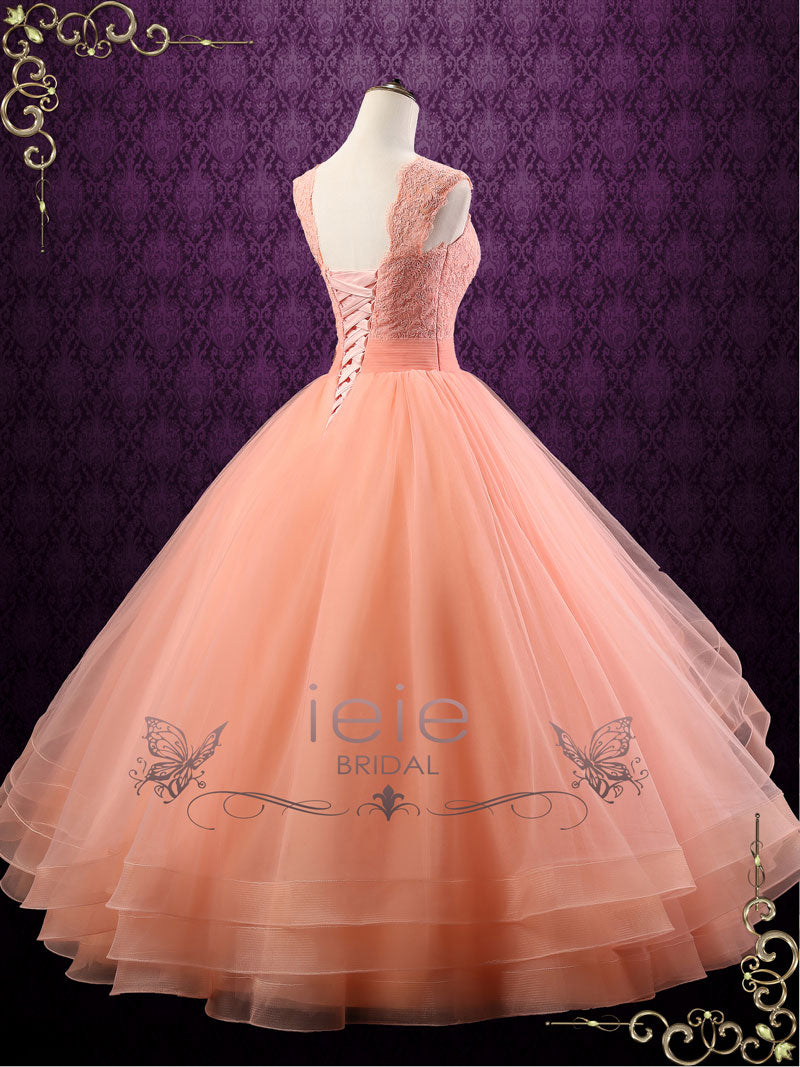 Peach Ruffled Sleeve Flowing Chiffon Formal Dress