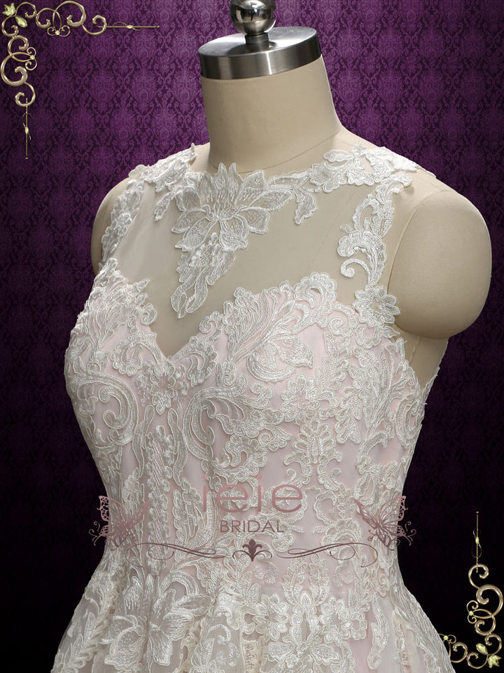Pearl Pink High Low Lace Wedding Dress | Inessa