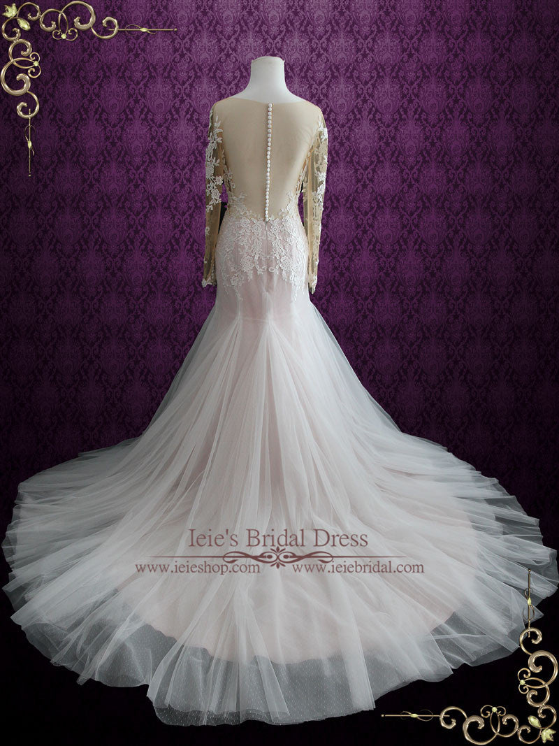 Pink Lace Mermaid Wedding Dress with Illusion Back