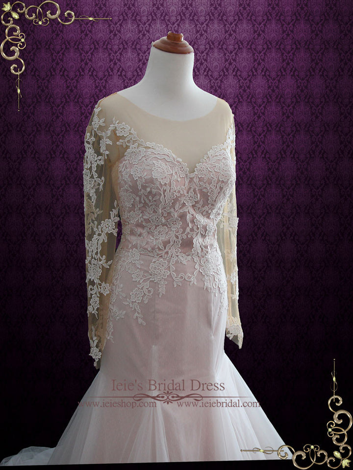 Pink Lace Mermaid Wedding Dress with Illusion Back