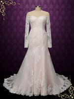 Pearl Pink Vintage Style Lace Wedding Dress with Off Shoulder Long Sleeves MEG