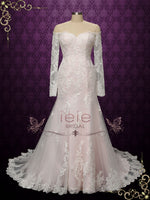 Pearl Pink Vintage Style Lace Wedding Dress with Off Shoulder Long Sleeves MEG