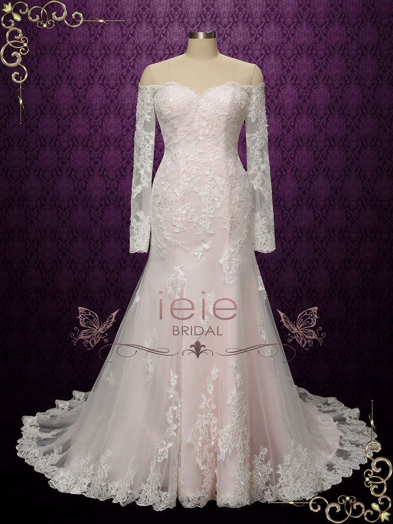 Pearl Pink Vintage Style Lace Wedding Dress with Off Shoulder Long Sleeves MEG