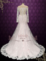 Pearl Pink Vintage Style Lace Wedding Dress with Off Shoulder Long Sleeves MEG