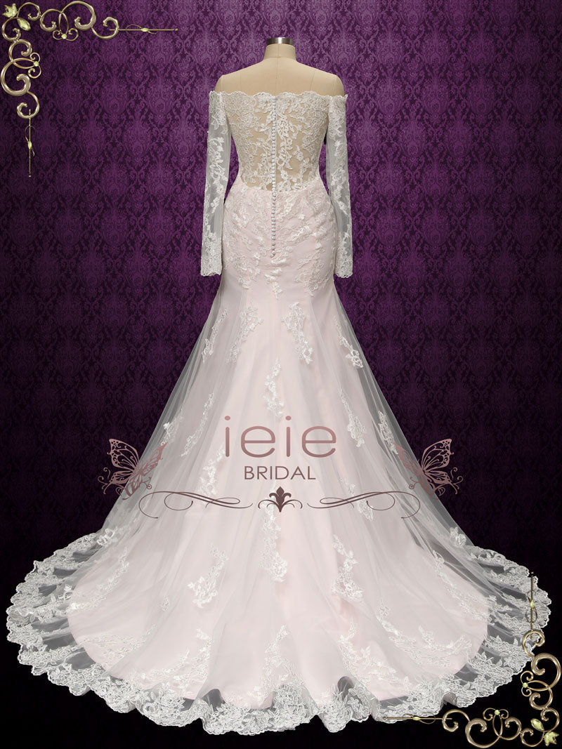 Pearl Pink Vintage Style Lace Wedding Dress with Off Shoulder Long Sleeves MEG