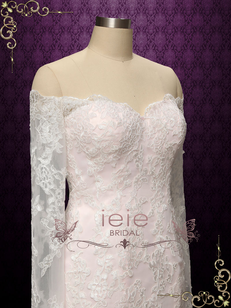 Pearl Pink Vintage Style Lace Wedding Dress with Off Shoulder Long Sleeves MEG