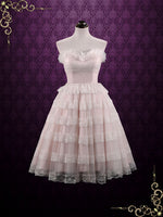 Vintage Style Tea Length Pearl Pink Wedding Dress Formal Dress NATASHA
