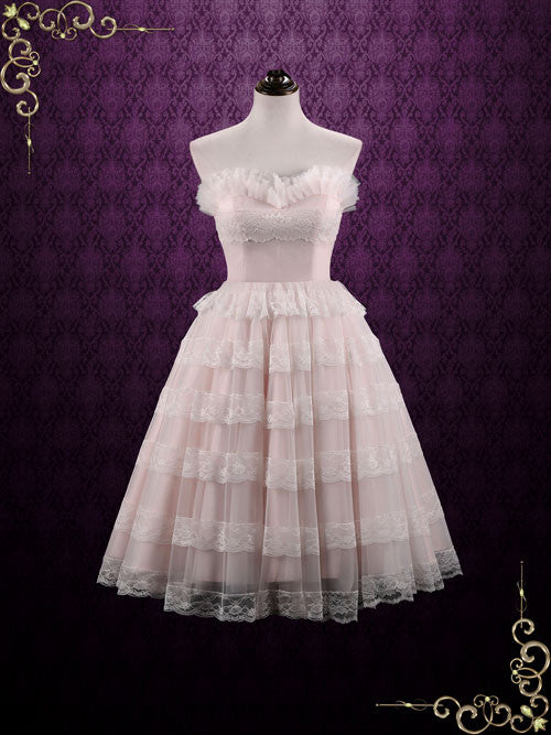 Vintage Style Tea Length Pearl Pink Wedding Dress Formal Dress NATASHA