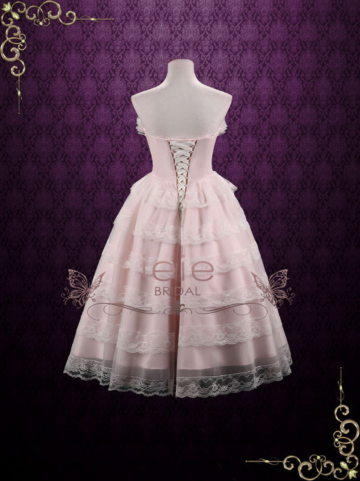 Vintage Style Tea Length Pearl Pink Wedding Dress Formal Dress NATASHA