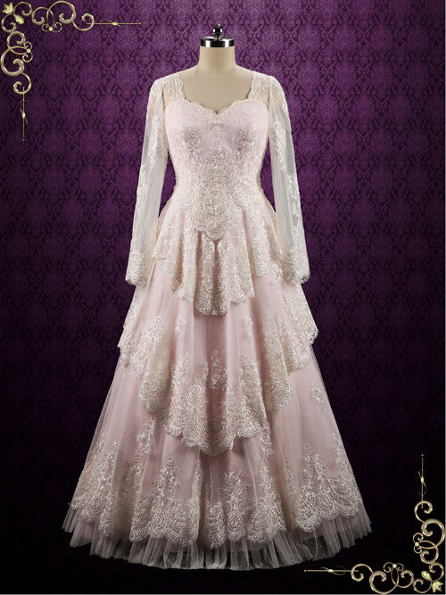 Pearl Pink Vintage Style Lace Wedding Dress with Sleeves LORELI