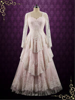 Pearl Pink Vintage Style Lace Wedding Dress with Sleeves LORELI