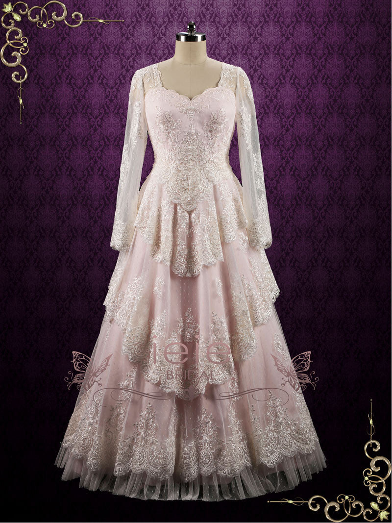 Pearl Pink Vintage Style Lace Wedding Dress with Sleeves LORELI – ieie