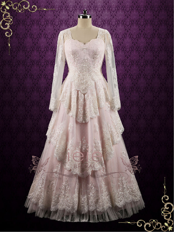 Pearl Pink Vintage Style Lace Wedding Dress with Sleeves LORELI