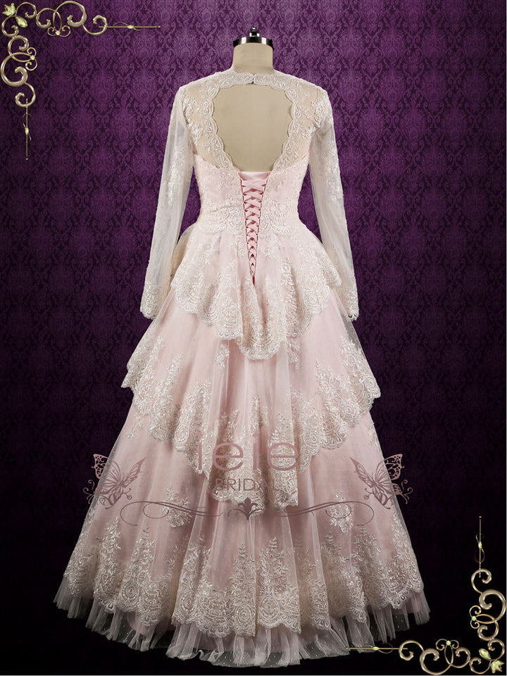 Pearl Pink Vintage Style Lace Wedding Dress with Sleeves LORELI ieie Pearl Pink Vintage Style Lace Wedding Dress with Sleeves LORELI ieie