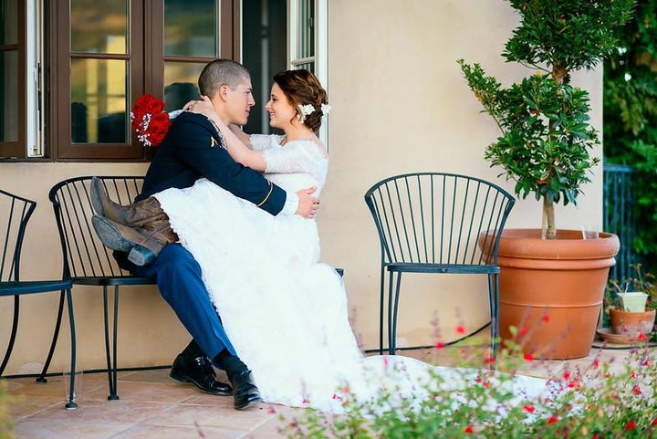 Off The Shoulder Lace Overlay Wedding Dress with Short Sleeves ILLIAN