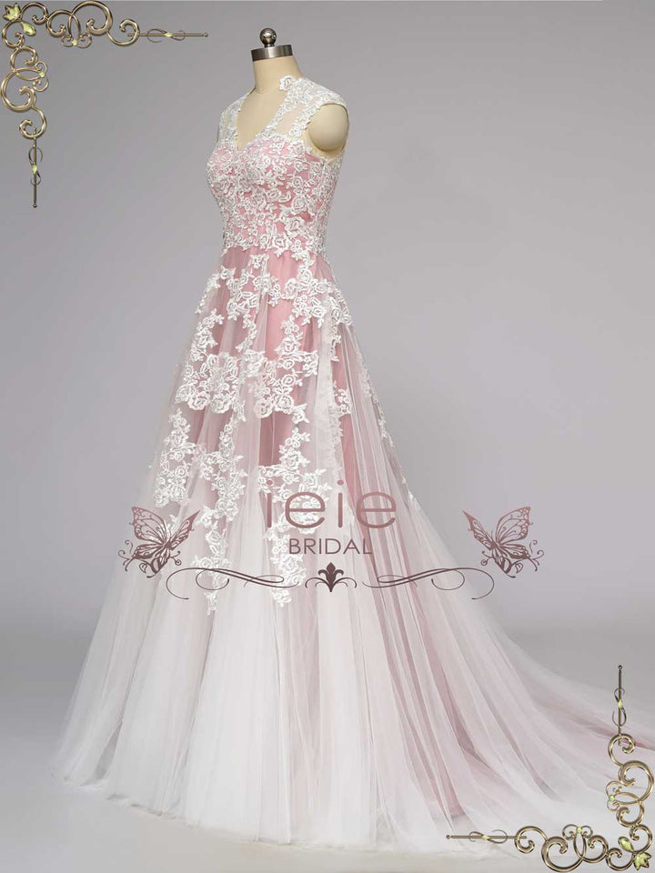 Rose Pink Lace Wedding Dress KORYNNE
