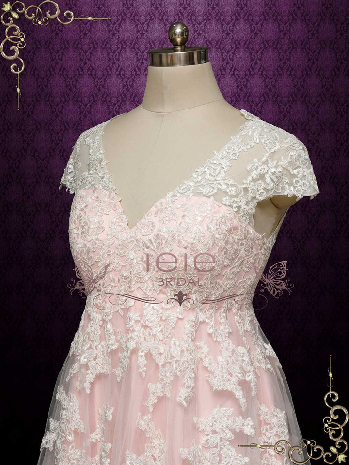 Pink Lace Wedding Dress with Empire Waist AYLA Size 2 / Pink Pink Lace Wedding Dress with Empire Waist AYLA Size 2 / Pink