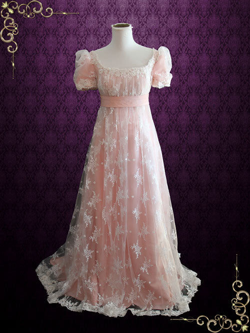 Pink Lace Regency Style Ball Gown Wedding Dress HELENA Size 14 / Ivory Pink Lace Regency Style Ball Gown Wedding Dress HELENA Size 14 / Ivory