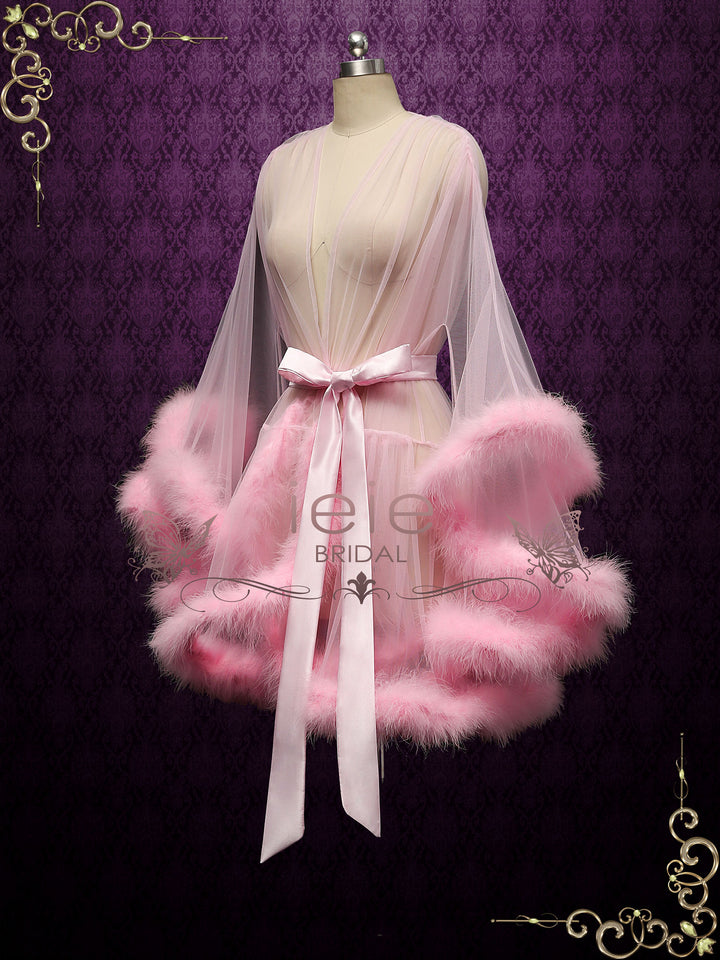 Pink Honeymoon Wedding Marabou Fur Edge Boudoir Robe CICI
