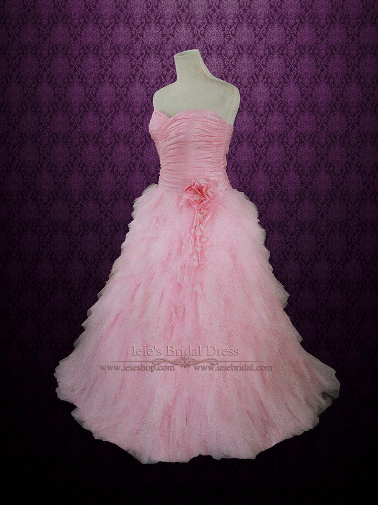Pink Wedding Dress with Ruched Sweetheart and Cascading Ruffles | Rochelle