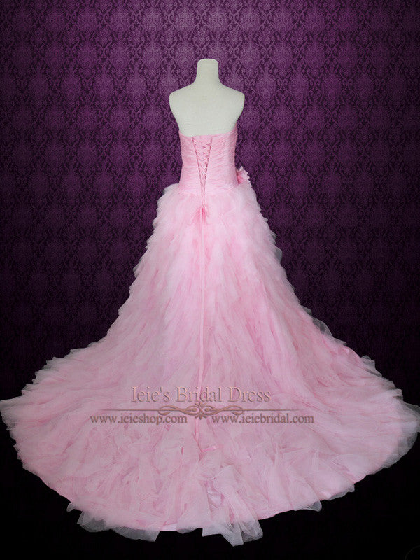 Pink Wedding Dress with Ruched Sweetheart and Cascading Ruffles | Rochelle Pink Wedding Dress with Ruched Sweetheart and Cascading Ruffles | Rochelle