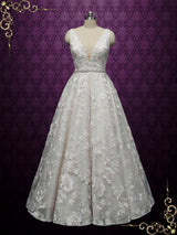 Champagne Lace Ball Gown Wedding with Plunging Neckline ARLET