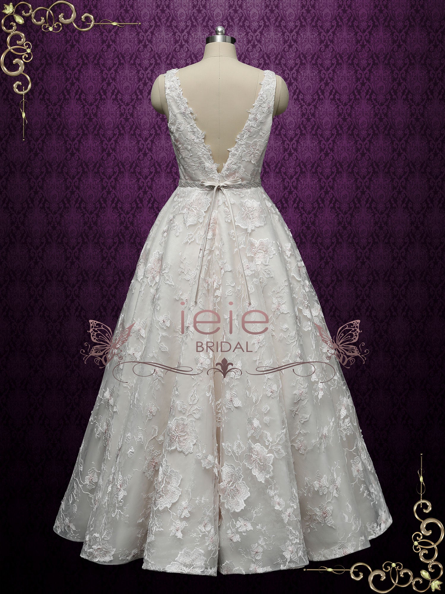 Champagne Lace Ball Gown Wedding with Plunging Neckline ARLET