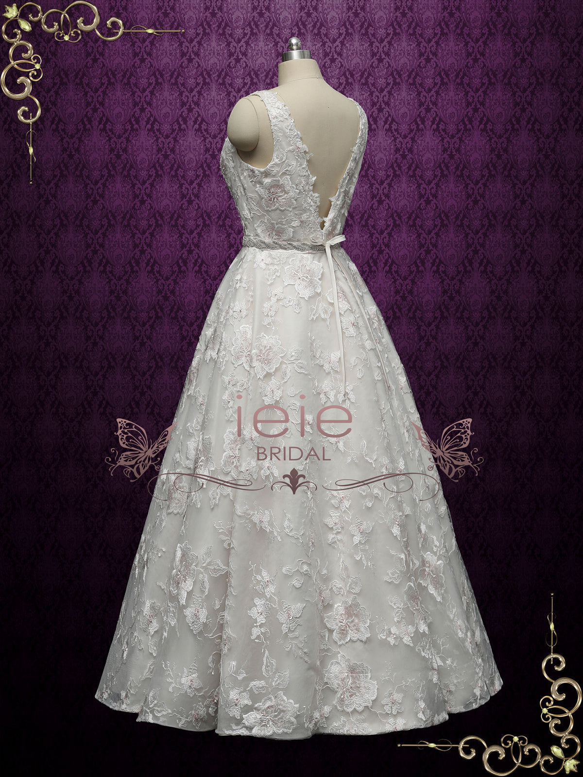 Champagne Lace Ball Gown Wedding with Plunging Neckline ARLET