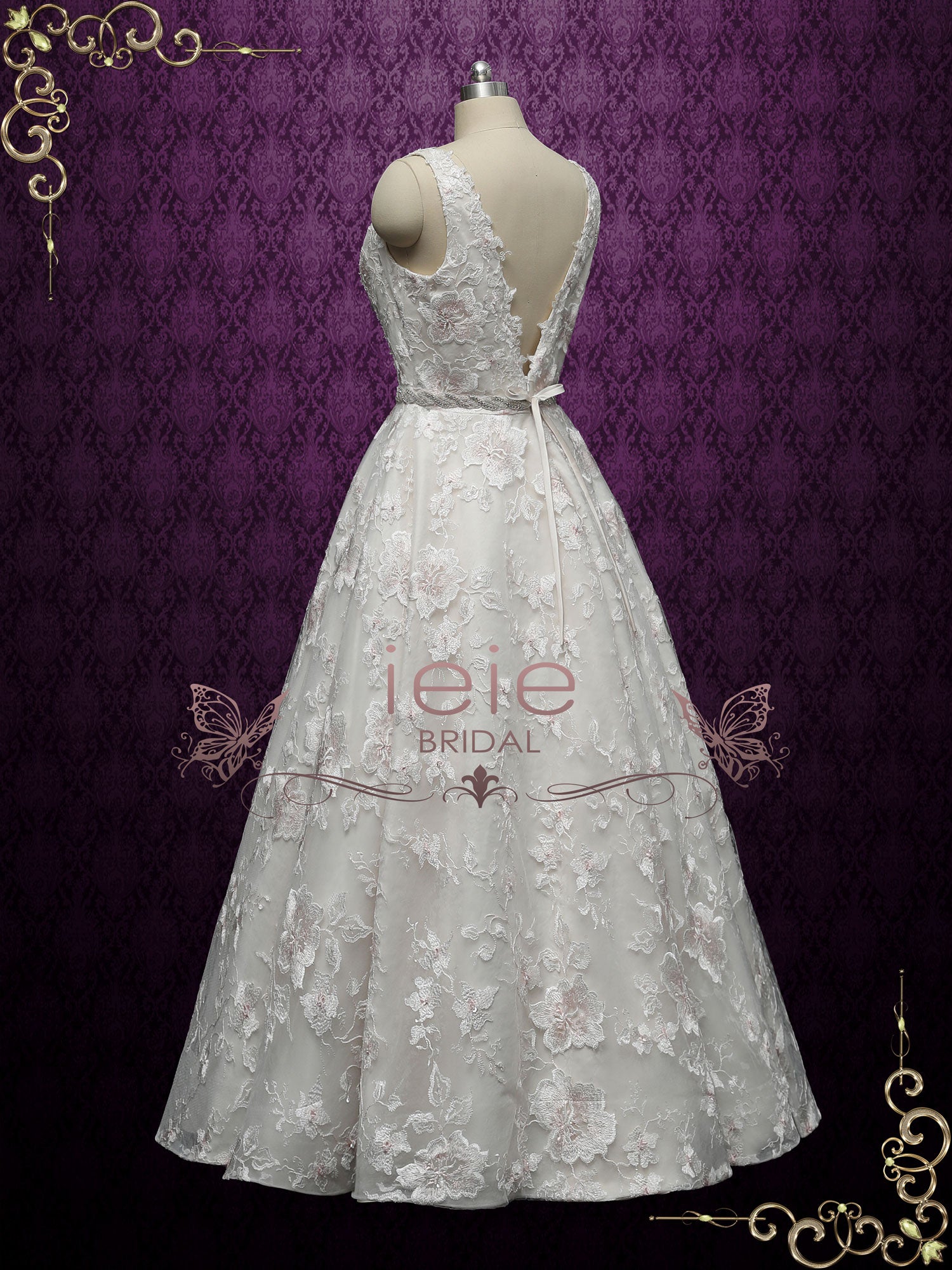 Champagne Lace Ball Gown Wedding with Plunging Neckline ARLET