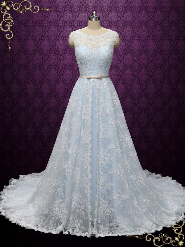 Powder Blue Lace Wedding Dress with Center Split Lace Skirt CHARICE