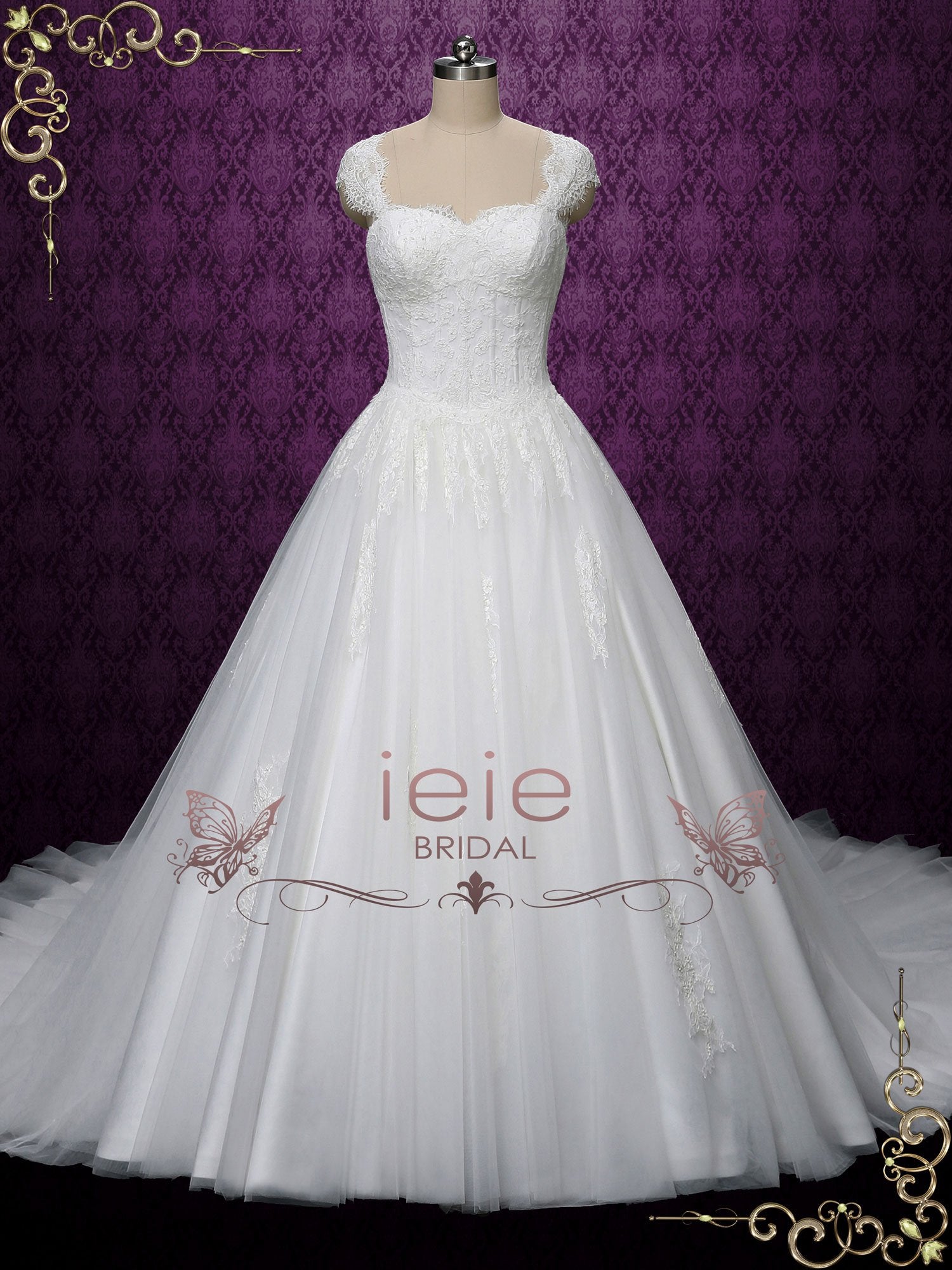 Princess Ball Gown Lace Wedding Dress with Cap Sleeves SALINA