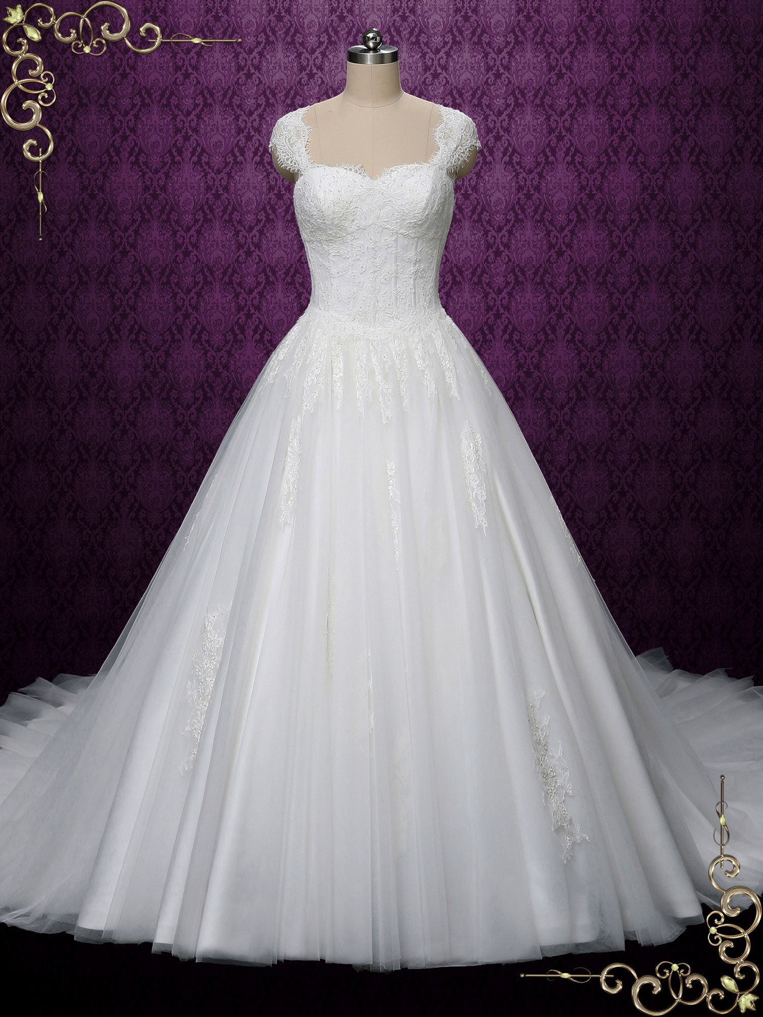 Princess Ball Gown Lace Wedding Dress with Cap Sleeves SALINA