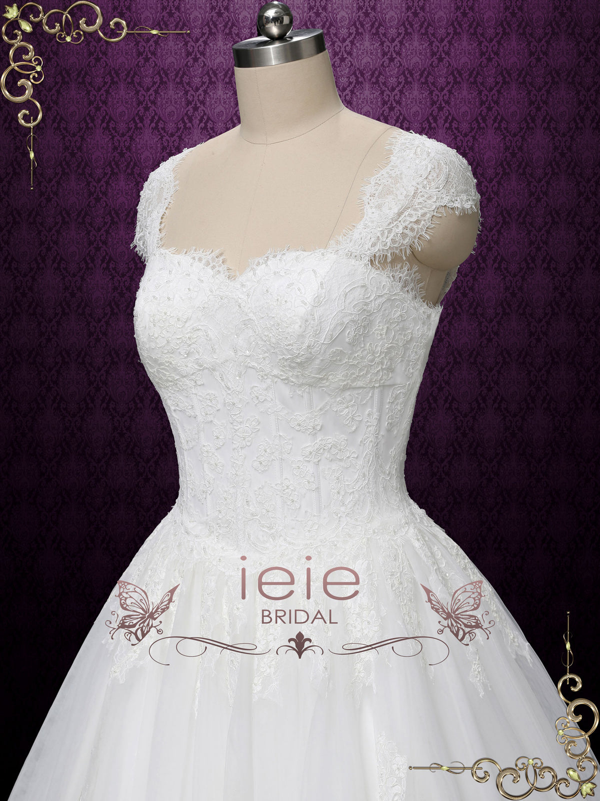 Princess Ball Gown Lace Wedding Dress with Cap Sleeves SALINA