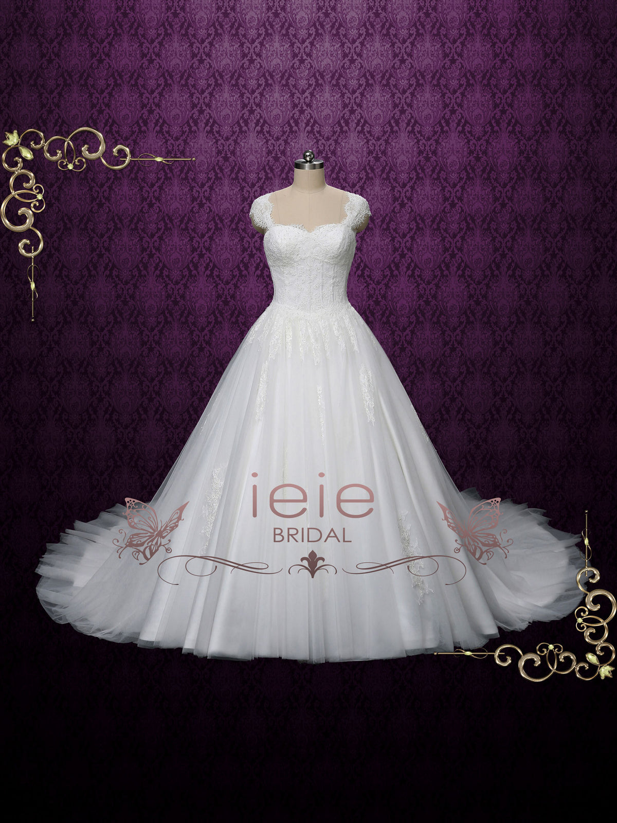 Princess Ball Gown Lace Wedding Dress with Cap Sleeves SALINA