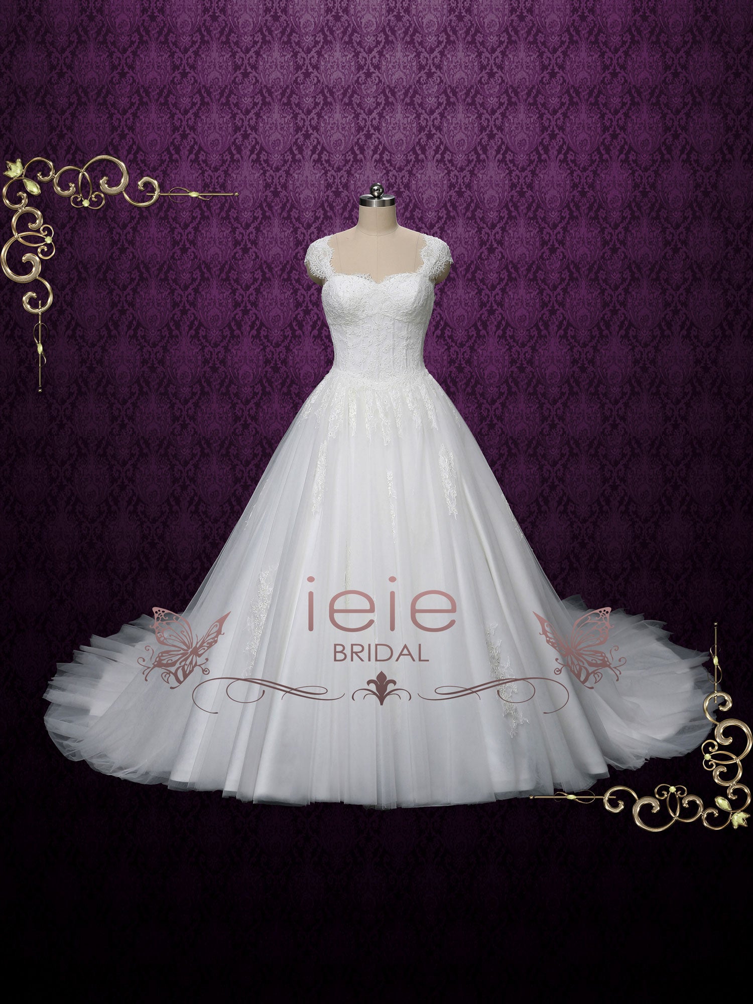 Princess Ball Gown Lace Wedding Dress with Cap Sleeves SALINA