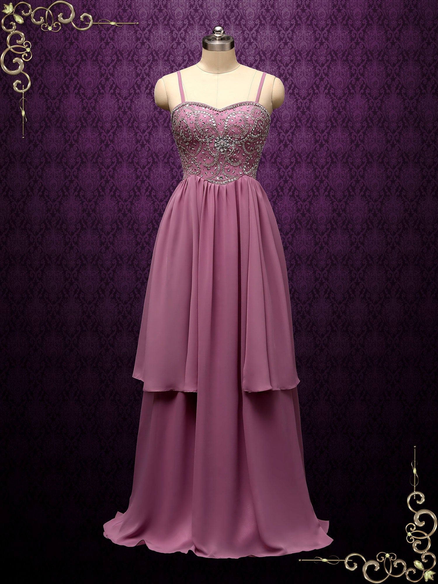 Purple Chiffon Wedding Dress with Beaded Bodice SOFINA Size 2 / Ivory